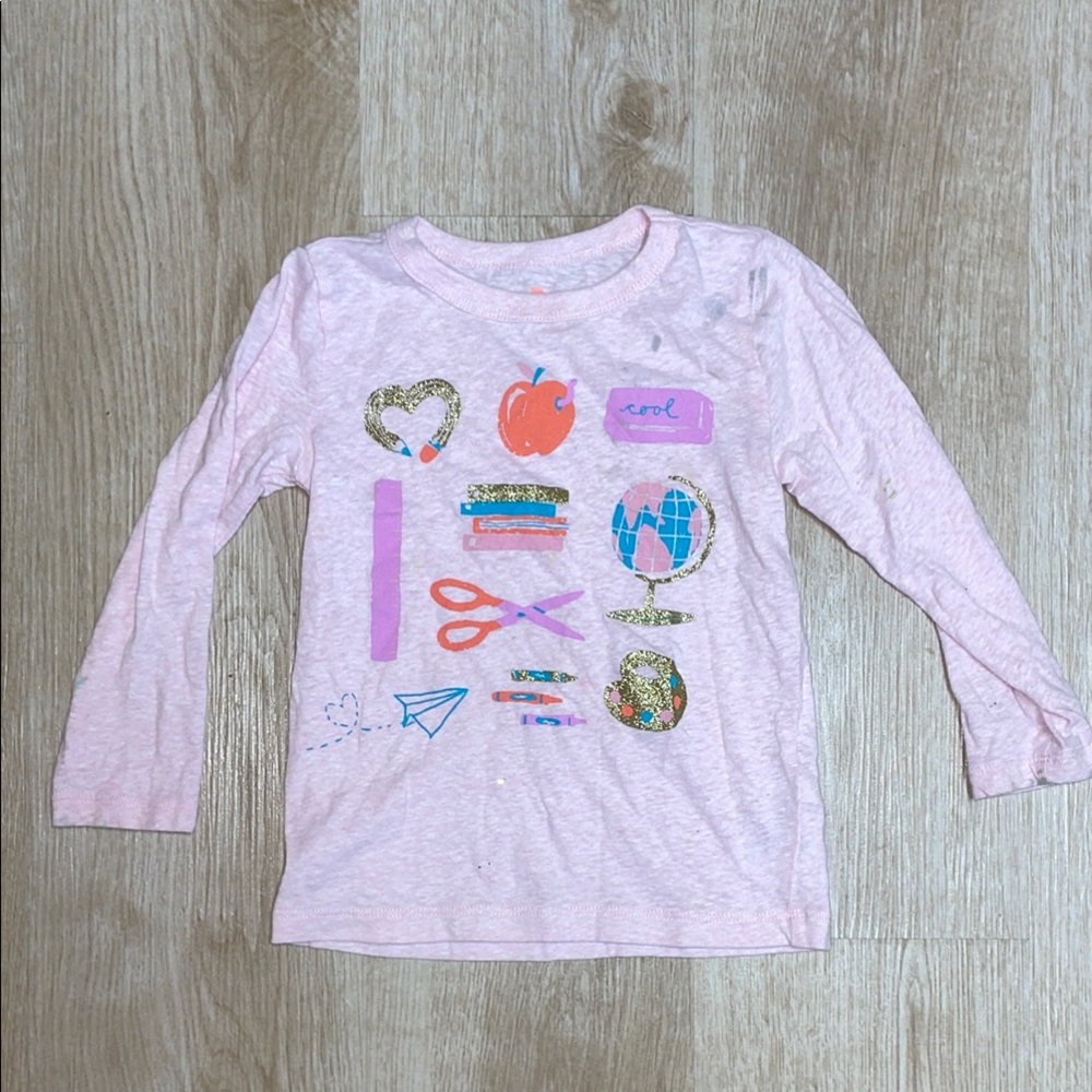 Crewcuts XXS 2/3 Long Sleeve BACK TO SCHOOL Theme Pink Glittery Fun Shirt